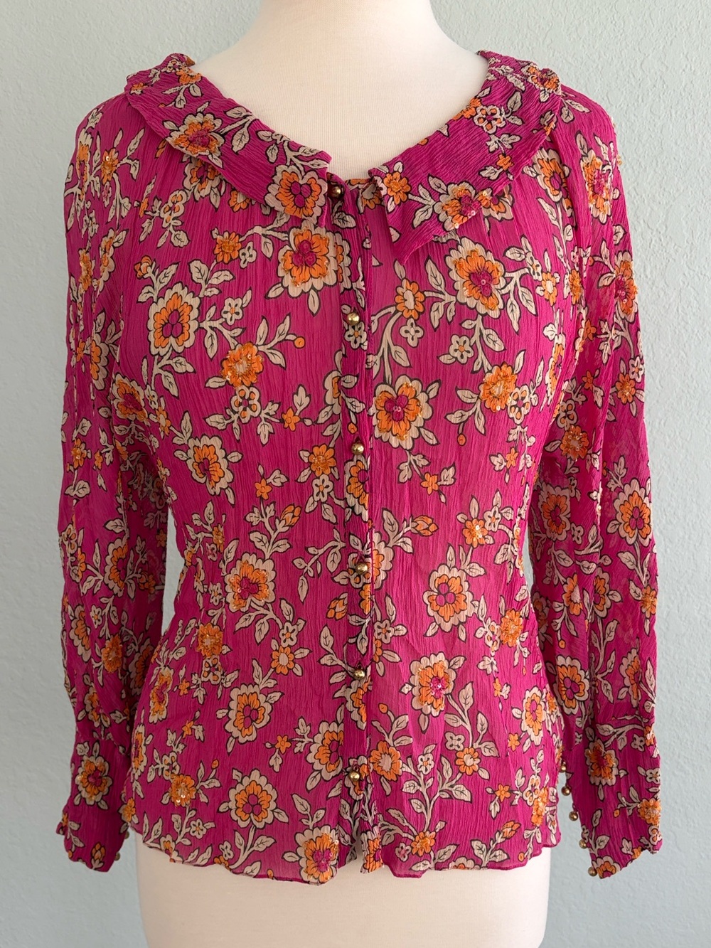 Anthropologie Leifsdottir Magenta Beaded Sequin Silk Blouse